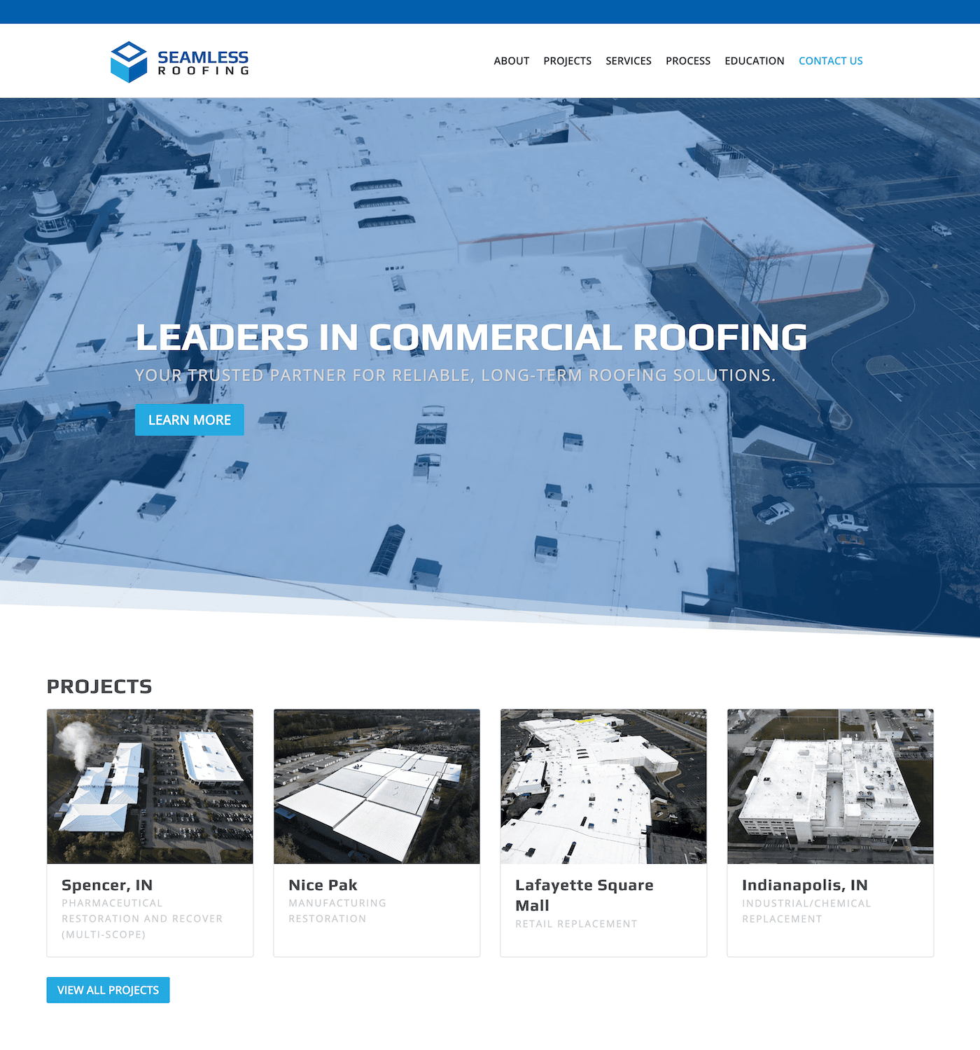 Homepage of new Seamless Roofing website